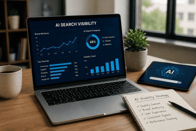 AI search visibility analytics on a laptop screen with charts and graphs.