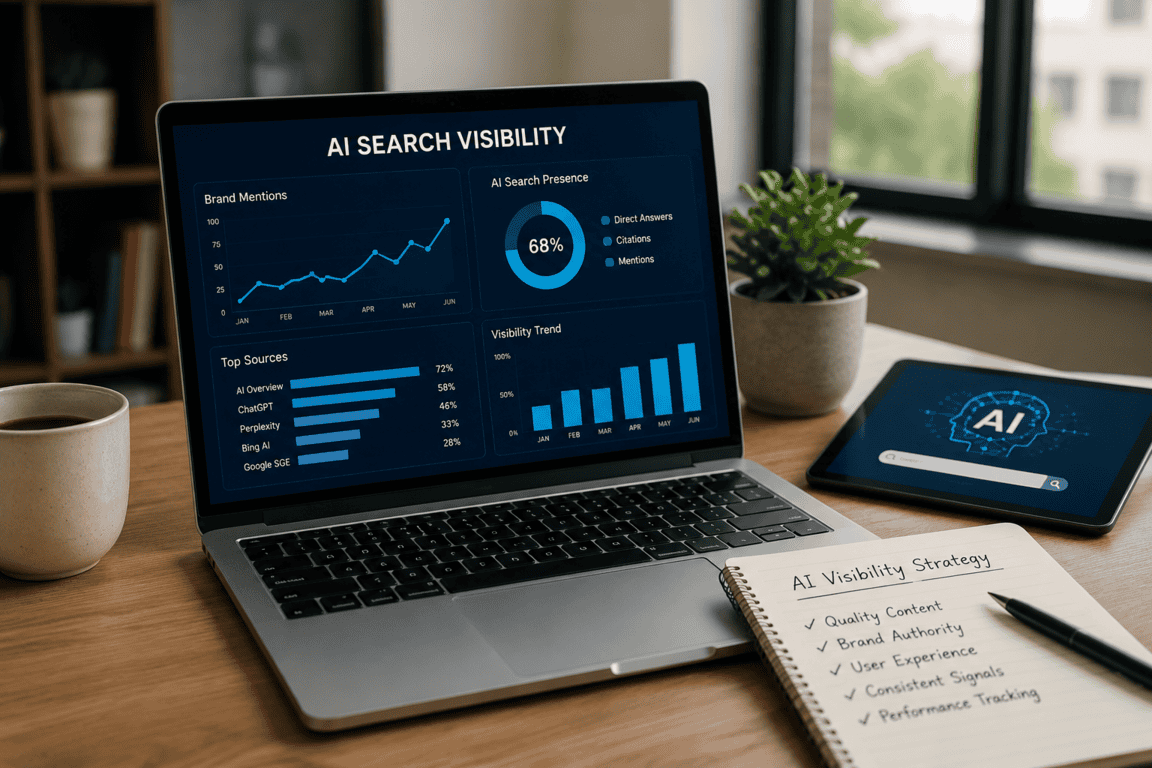 AI search visibility analytics on a laptop screen with charts and graphs.